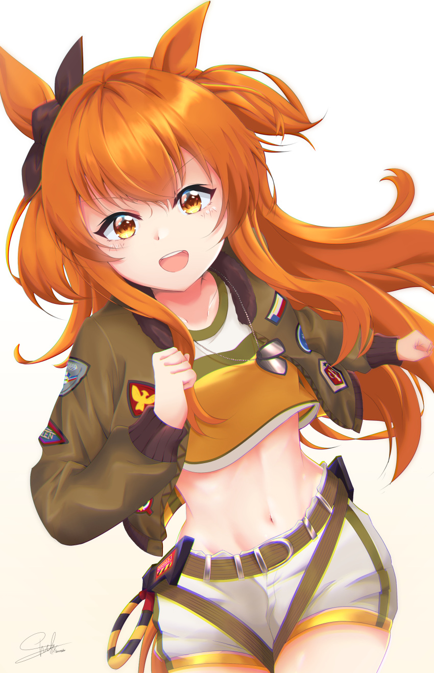 1girl :d absurdres animal_ears bangs blush breasts brown_ribbon clenched_hands collarbone commentary cowboy_shot crop_top dog_tags ear_ribbon eyebrows_visible_through_hair floating_hair green_belt green_jacket groin hair_between_eyes highres horse_ears horse_girl horse_tail jacket long_hair long_sleeves looking_at_viewer mayano_top_gun_(umamusume) midriff navel open_clothes open_jacket open_mouth orange_hair ribbon shiinochi shirt short_shorts shorts sidelocks signature simple_background small_breasts smile solo standing tail thigh-highs twintails two_side_up umamusume upper_teeth white_background white_shorts yellow_shirt