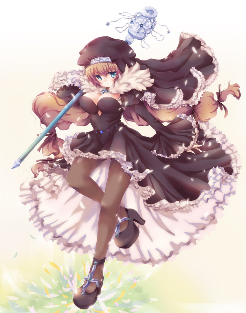 1girl bangs black_dress black_footwear black_headwear blue_eyes blush breasts brown_hair brown_legwear commentary_request dress eyebrows_visible_through_hair frilled_dress frills full_body habit hair_between_eyes high_heels highres hizukiryou holding holding_staff large_breasts long_hair looking_at_viewer nun open_mouth original pantyhose solo staff very_long_hair white_background