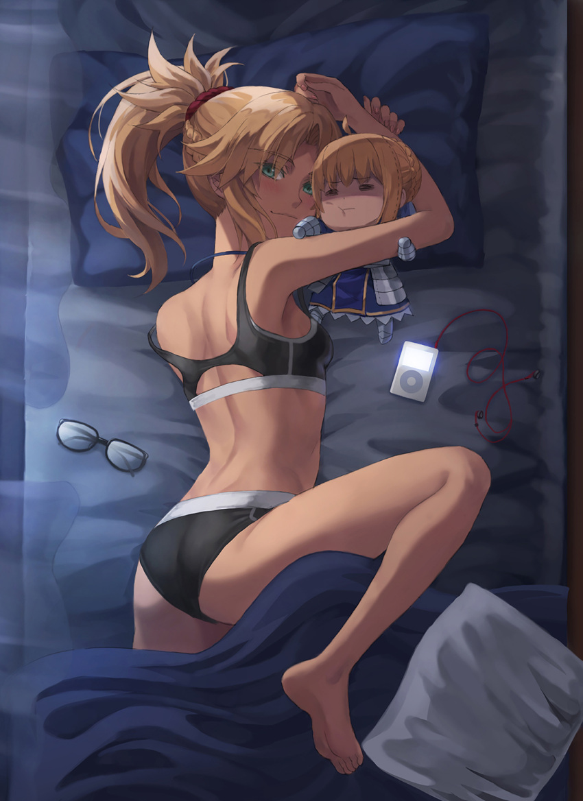 1girl anklet artoria_pendragon_(all) ass bangs bare_shoulders barefoot blonde_hair braid breasts character_doll fate/apocrypha fate/stay_night fate_(series) french_braid green_eyes hair_ornament hair_scrunchie highres jewelry long_hair looking_at_viewer mordred_(fate) mordred_(fate)_(all) parted_bangs ponytail red_scrunchie revision saber scrunchie sidelocks small_breasts smile soles stuffed_toy thighs tonee