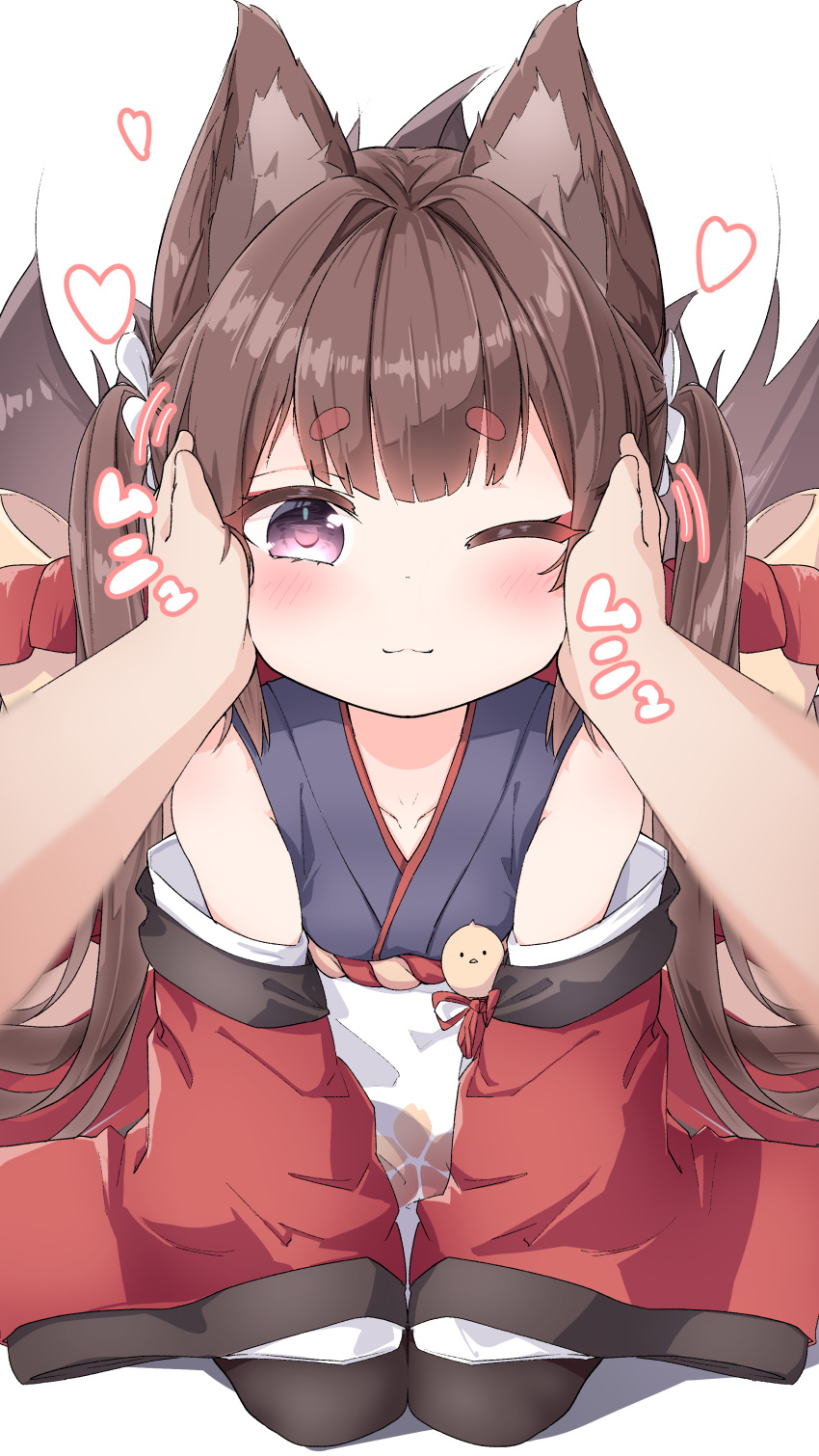 1girl ;3 absurdres amagi-chan_(azur_lane) animal_ears azur_lane bangs bare_shoulders blunt_bangs blush brown_hair brown_tail cheek_squash closed_mouth collarbone commentary_request eyebrows_visible_through_hair fox_ears fox_girl fox_tail full_body hands_on_another's_cheeks hands_on_another's_face hands_on_own_knees heart highres japanese_clothes kimono long_hair looking_at_viewer motion_lines multiple_tails off-shoulder_kimono off_shoulder one_eye_closed pov pov_hands purple_kimono red_kimono rope seiza shadow shimenawa sidelocks simple_background sitting sleeveless sleeveless_kimono solo_focus sound_effects tail thick_eyebrows twintails utsuki_(nissi) violet_eyes white_background wide_sleeves