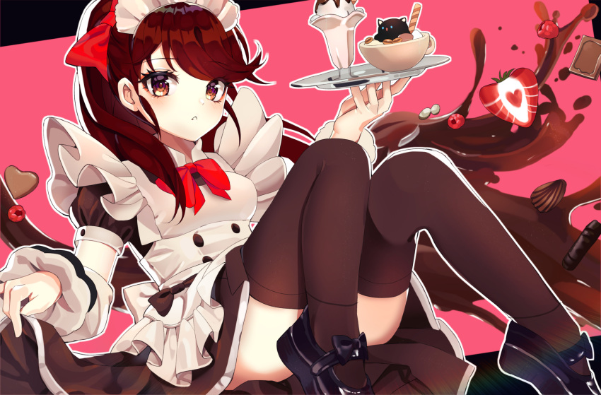 1girl alternate_costume bangs black_legwear bow candy cappu cat chocolate chocolate_heart convenient_censoring convenient_leg cup enmaided food fruit hair_bow heart highres ice_cream long_hair looking_at_viewer maid orange_eyes parted_lips persona persona_5 persona_5_the_royal redhead skirt_hold solo strawberry sundae swept_bangs teacup thigh-highs tray yoshizawa_kasumi