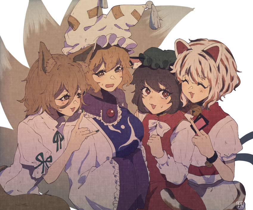 4girls :3 ^_^ animal_ears blonde_hair bow bowtie breasts bright_pupils brown_eyes brown_hair cat_ears cat_tail chen closed_eyes dress eyebrows_visible_through_hair fox_ears fox_shadow_puppet fox_tail gold_trim goutokuji_mike hair_between_eyes hand_up hat highres kudamaki_tsukasa large_breasts looking_at_another looking_at_viewer middle_finger mob_cap multicolored_hair multiple_girls multiple_tails nekomata open_mouth pillow_hat puffy_short_sleeves puffy_sleeves red_dress romper shirt short_hair short_sleeves simple_background small_breasts sokura_(mochichitose) streaked_hair sweat tabard tail tassel touhou white_background white_bow white_jumpsuit white_neckwear white_pupils white_shirt yakumo_ran