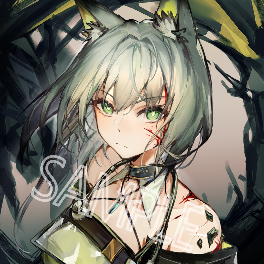1girl absurdres animal_ear_fluff animal_ears arknights bangs bare_shoulders blood blood_on_face commentary_request green_eyes highres kal'tsit_(arknights) kitere looking_at_viewer lynx_ears off_shoulder oripathy_lesion_(arknights) sample short_hair silver_hair solo upper_body watermark