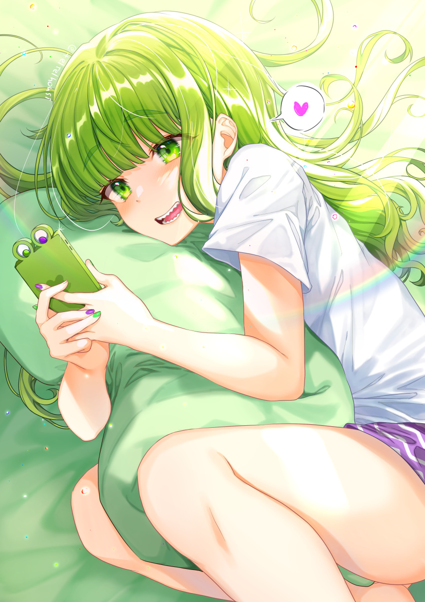 1girl absurdres bangs bed blunt_bangs blush borrowed_character cellphone commentary eyebrows_visible_through_hair flipped_hair green_eyes green_hair heart highres legs_folded long_hair looking_at_another open_mouth original osanai_(shashaki) phone pillow rainbow sharp_teeth shirt short_sleeves shorts smartphone solo spoken_heart teeth teltelhousi twitter_username white_shirt