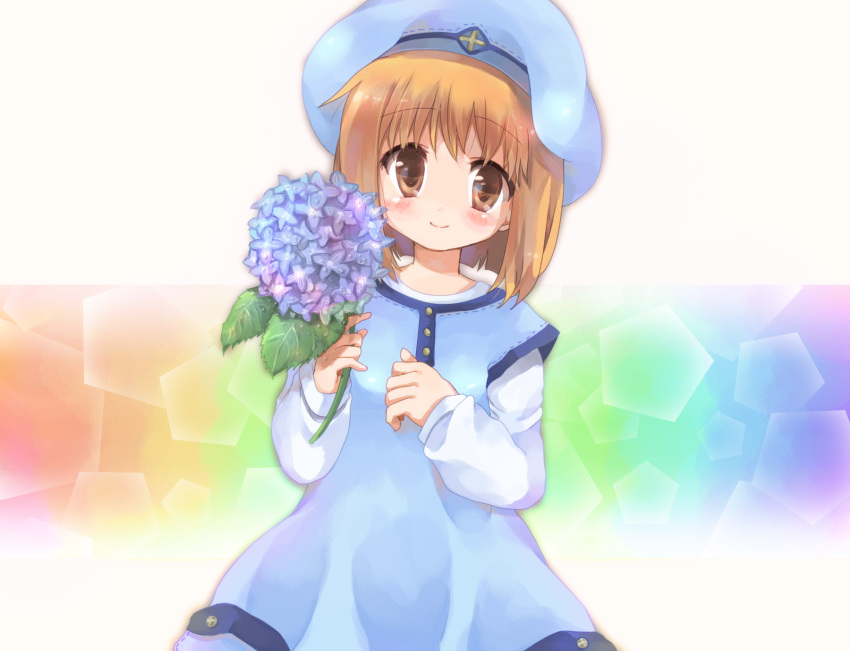 1girl bangs blue_dress blue_flower blue_headwear blush brown_eyes brown_hair closed_mouth commentary cowboy_shot dress eyebrows_visible_through_hair flower fortune_summoners highres hizukiryou hydrangea leaf looking_at_viewer sana_poanet shirt short_hair smile solo white_shirt