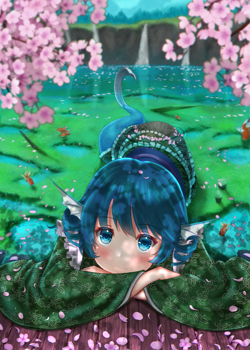 1girl blue_eyes blue_hair blurry blush cherry_blossoms commentary_request dappled_sunlight day depth_of_field drill_hair flower foreshortening green_kimono head_fins highres japanese_clothes kimono looking_at_viewer luke_(kyeftss) lying mermaid monster_girl on_side outdoors pink_flower pond short_hair solo sunlight touhou wakasagihime water