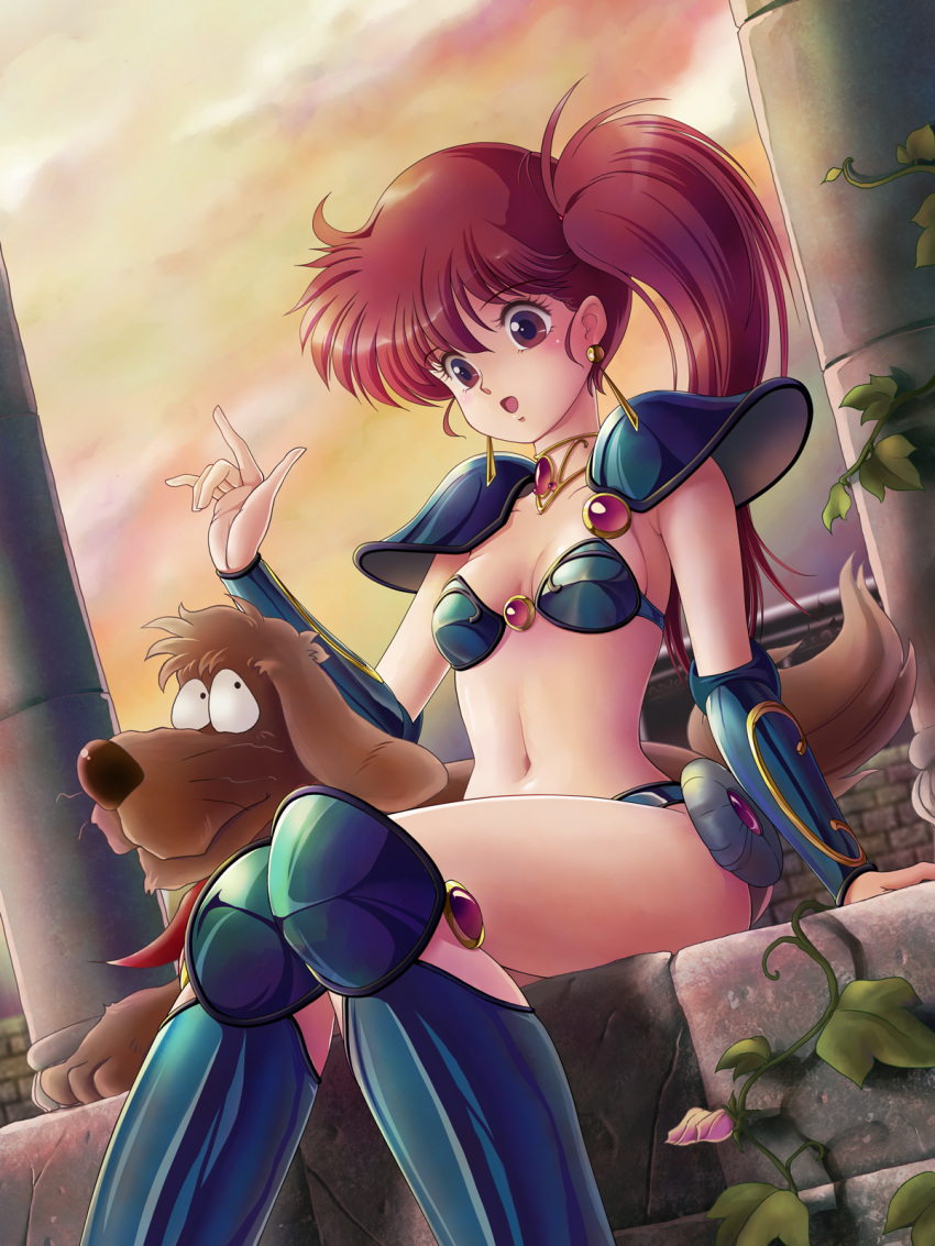 1girl arm_support armor asagiri_youko bikini bikini_armor boots brown_eyes commentary_request dog dutch_angle gauntlets genmu_senki_leda highres knee_boots lingam long_hair open_mouth partial_commentary pauldrons redhead shoulder_armor side_ponytail sitting swimsuit tamanegiinyo