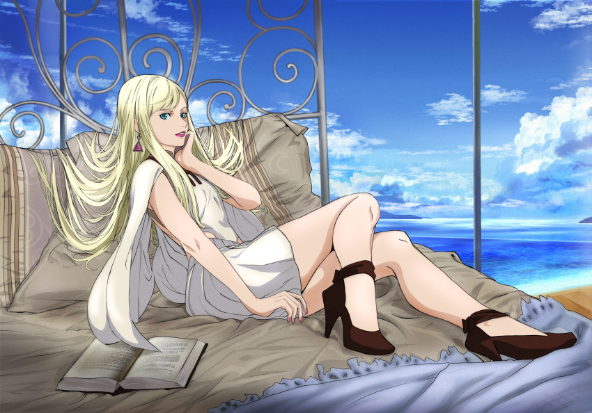 1girl absurdres aqua_eyes black_footwear blonde_hair book clouds dress earrings gigi_andalusia gundam gundam_hathaway's_flash hand_on_own_face high_heels highres huge_filesize jewelry kou_(spad7u59) long_hair looking_at_viewer on_bed parted_lips sitting sky solo triangle_earrings white_dress