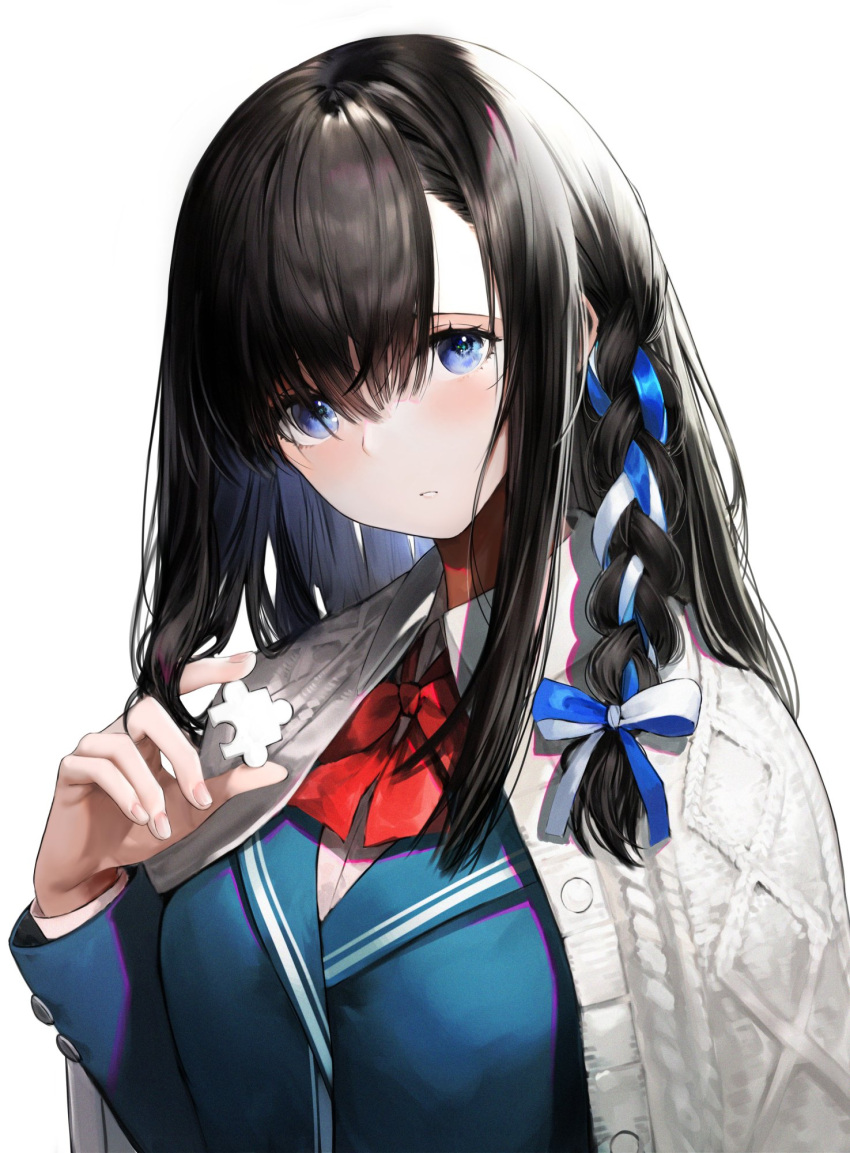 1girl black_hair blue_eyes blue_jacket blue_ribbon bow cardigan hair_bow hand_up haori_iori highres holding jacket long_hair looking_at_viewer original puzzle_piece red_bow red_neckwear ribbon ribbon_braid shadow simple_background solo white_background white_cardigan white_ribbon