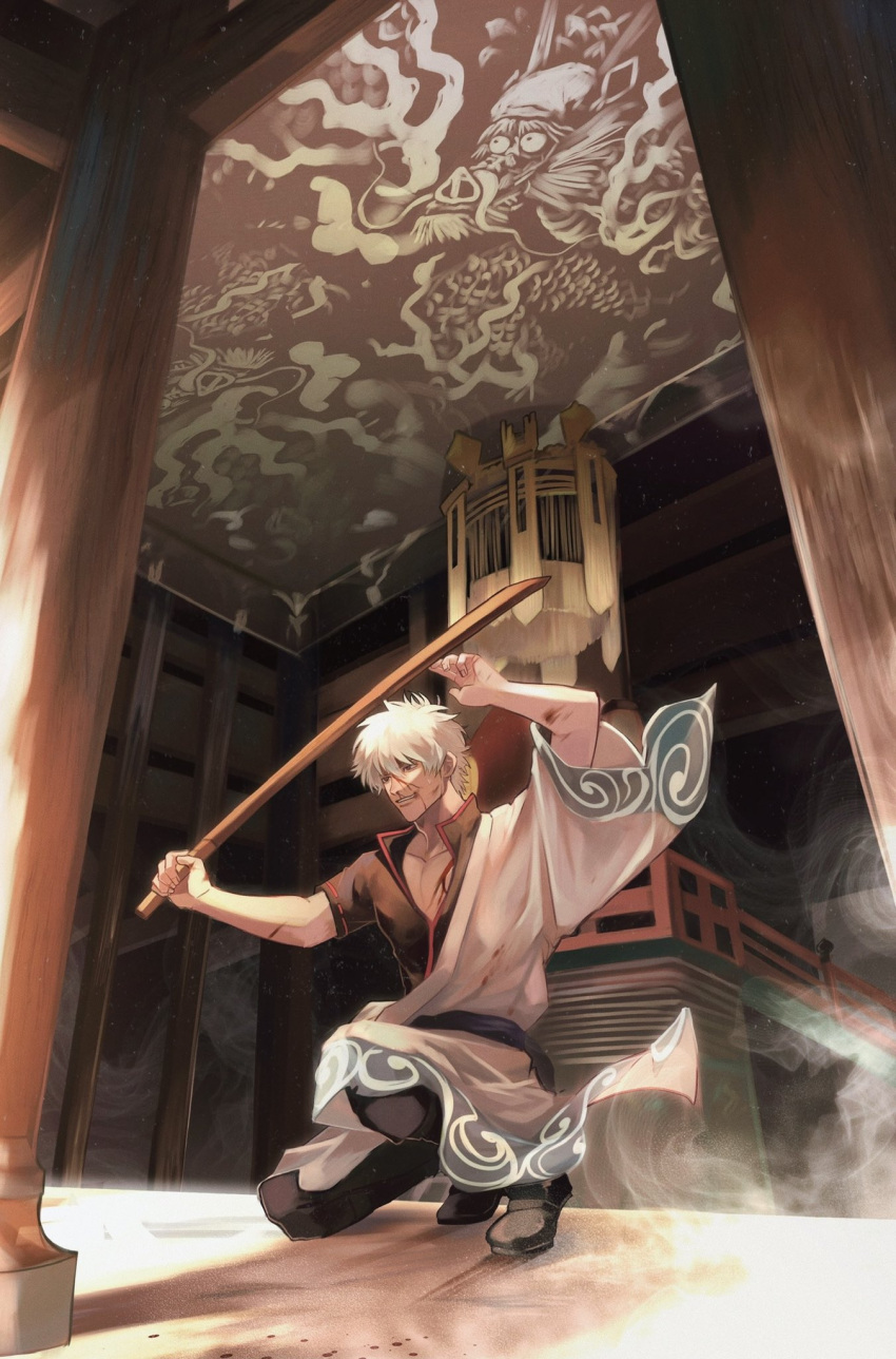 1boy architecture east_asian_architecture gintama highres indoors japanese_clothes jtsl0 kimono long_sleeves male_focus open_clothes open_kimono sakata_gintoki short_hair shrine silver_hair smile sword temple weapon white_hair wooden_sword