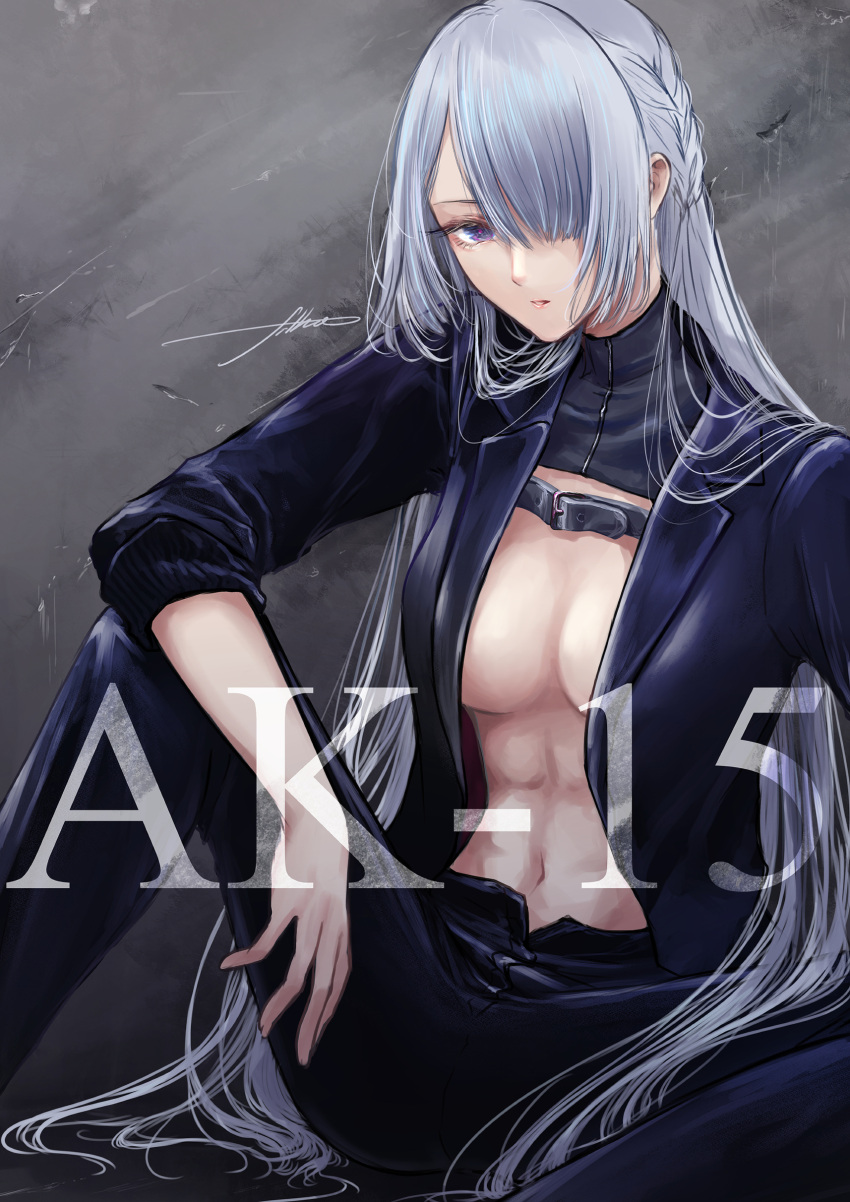 1girl absurdres ak-15_(girls_frontline) black_jacket black_pants braid breasts character_name closed_mouth defy_(girls_frontline) eyebrows_visible_through_hair filha formal french_braid girls_frontline highres jacket long_hair looking_at_viewer medium_breasts one_eye_covered open_clothes open_jacket pants silver_hair simple_background sitting_on_floor solo stomach suit violet_eyes wall