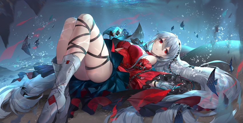1girl arknights ascot black_neckwear black_ribbon boots breasts commentary_request dress full_body gloves highres knees_up kyurin_(sunnydelight) leg_ribbon legs long_hair long_sleeves looking_at_viewer lying medium_breasts on_back red_dress revision ribbon silver_hair skadi_(arknights) skadi_the_corrupting_heart_(arknights) solo twintails very_long_hair white_footwear wide_sleeves