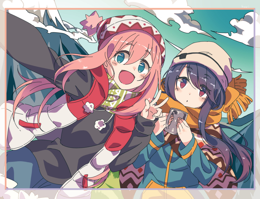 2girls bangs black_shirt blue_eyes blue_hair blue_jacket border clouds cloudy_sky cup eyebrows_visible_through_hair eyes_visible_through_hair gradient_eyes grass green_scarf hair_down hari611 highres holding holding_cup jacket kagamihara_nadeshiko light_blush long_hair long_sleeves looking_at_viewer mount_fuji mountain mountainous_horizon mug multicolored multicolored_clothes multicolored_eyes multiple_girls open_clothes open_jacket open_mouth orange_scarf parted_lips pink_hair pom_pom_(clothes) poncho red_jacket scarf selfie shima_rin shirt sky smile standing taking_picture v violet_eyes white_jacket woollen_cap yurucamp