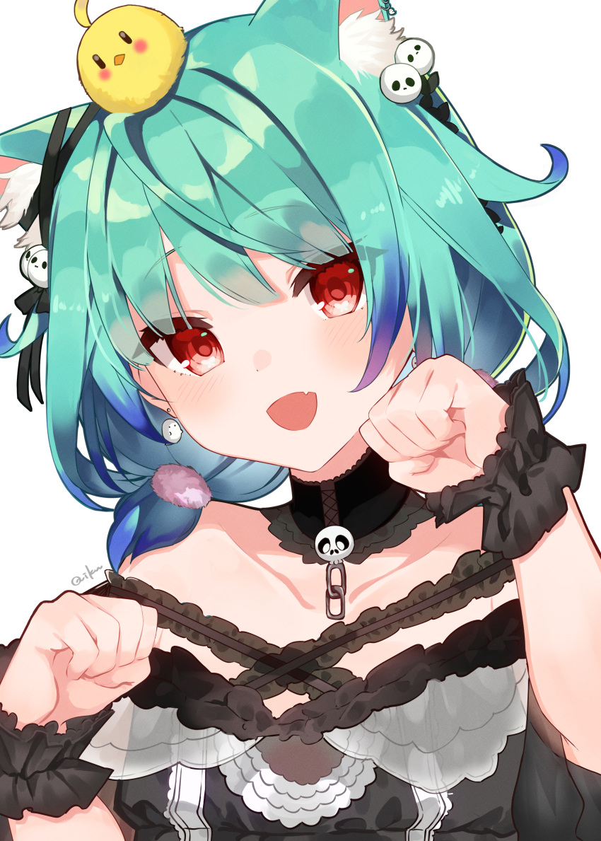 1girl absurdres ahoge animal_ears bangs bare_shoulders bird black_dress blue_hair blush cat_ears chick choker collarbone dress ear_piercing ear_ribbon eyebrows_visible_through_hair fang frilled_straps gothic_lolita gradient_hair green_hair hair_ornament hair_ribbon highres hololive lace lace_choker lolita_fashion looking_at_viewer low_twintails multicolored_hair nabeniuitagomi necromancer off-shoulder_dress off_shoulder open_mouth paw_pose piercing piyoko_(uruha_rushia) pom_pom_(clothes) red_eyes ribbon short_hair short_twintails sidelocks simple_background skin_fang skull_hair_ornament twintails uruha_rushia virtual_youtuber white_background wristband