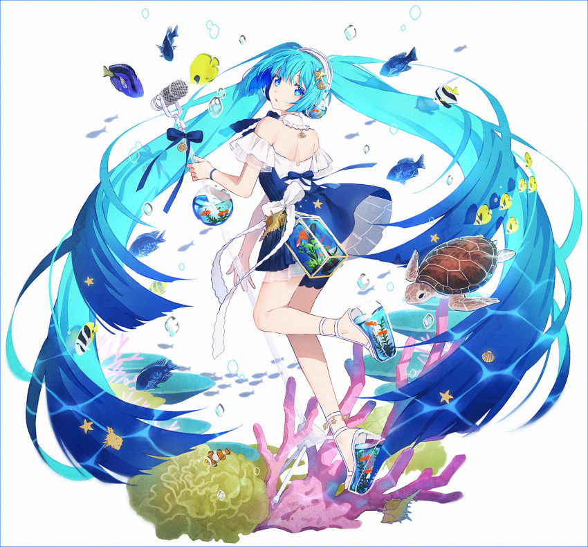 1girl animal backless_dress backless_outfit bangs bare_shoulders blue_dress blue_eyes blue_hair closed_mouth clownfish coral dress eyebrows_visible_through_hair fish from_behind hakusai_(tiahszld) hatsune_miku headphones highres holding holding_microphone long_hair looking_at_viewer looking_back microphone platform_footwear sandals seashell shell shoe_soles solo starfish turtle twintails very_long_hair vocaloid white_background