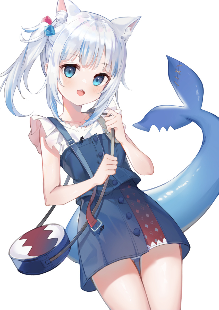 1girl :d animal_ears bag bangs bare_arms blue_eyes blue_hair blush cat_ears collarbone commentary_request dress eyebrows_visible_through_hair fang gawr_gura hair_ornament highres holding hololive hololive_english kyaroru long_hair looking_at_viewer multicolored_hair open_mouth shark_tail simple_background smile solo streaked_hair tail virtual_youtuber white_background