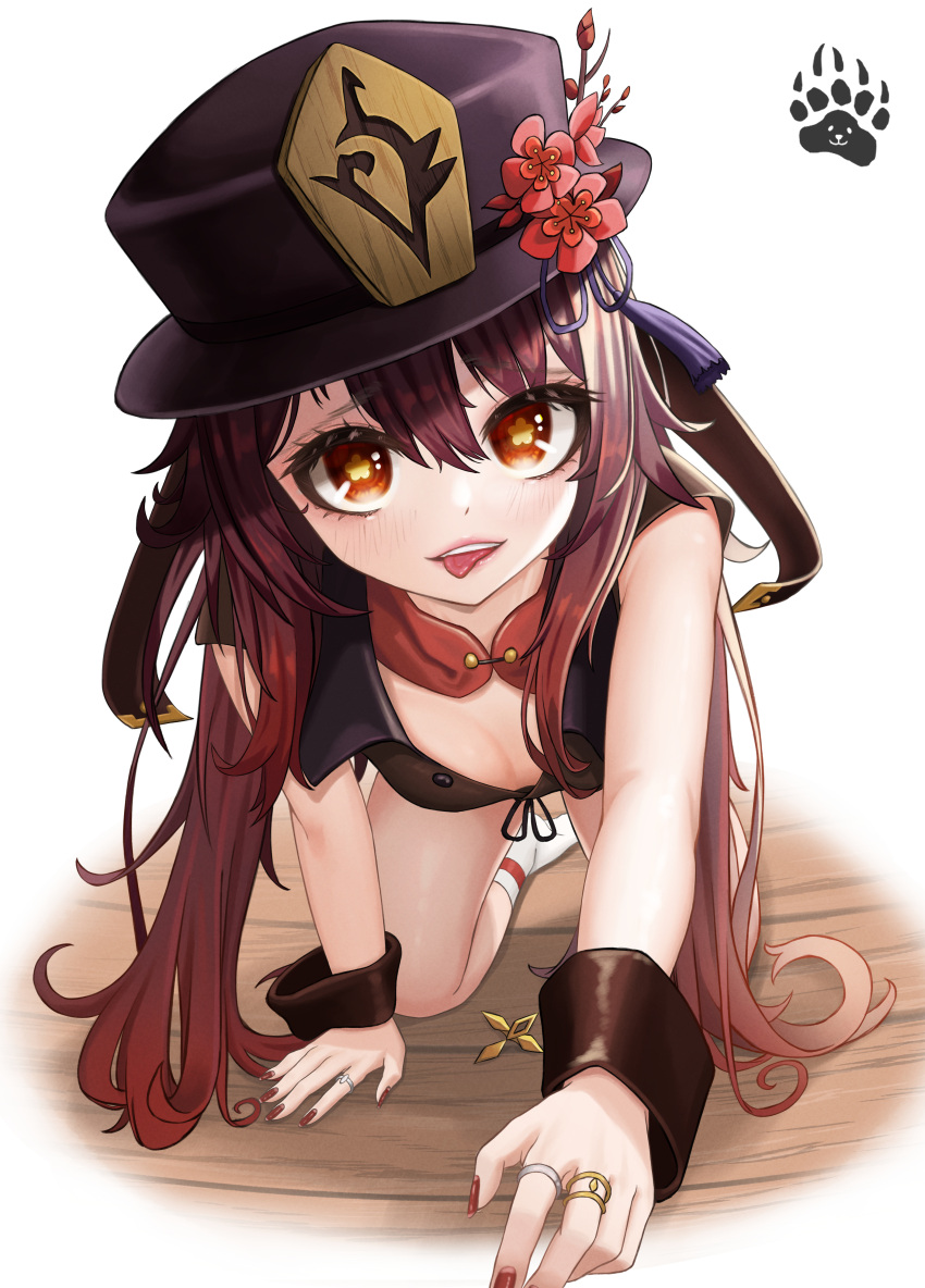 1girl absurdres all_fours bangom_r bangs black_headwear black_shirt blush breasts brown_hair flower flower-shaped_pupils genshin_impact hat highres hu_tao_(genshin_impact) jewelry long_hair looking_at_viewer multiple_rings nail_polish no_shoes red_eyes red_flower red_neckwear ring shirt socks solo tongue tongue_out twintails very_long_hair white_footwear wrist_cuffs