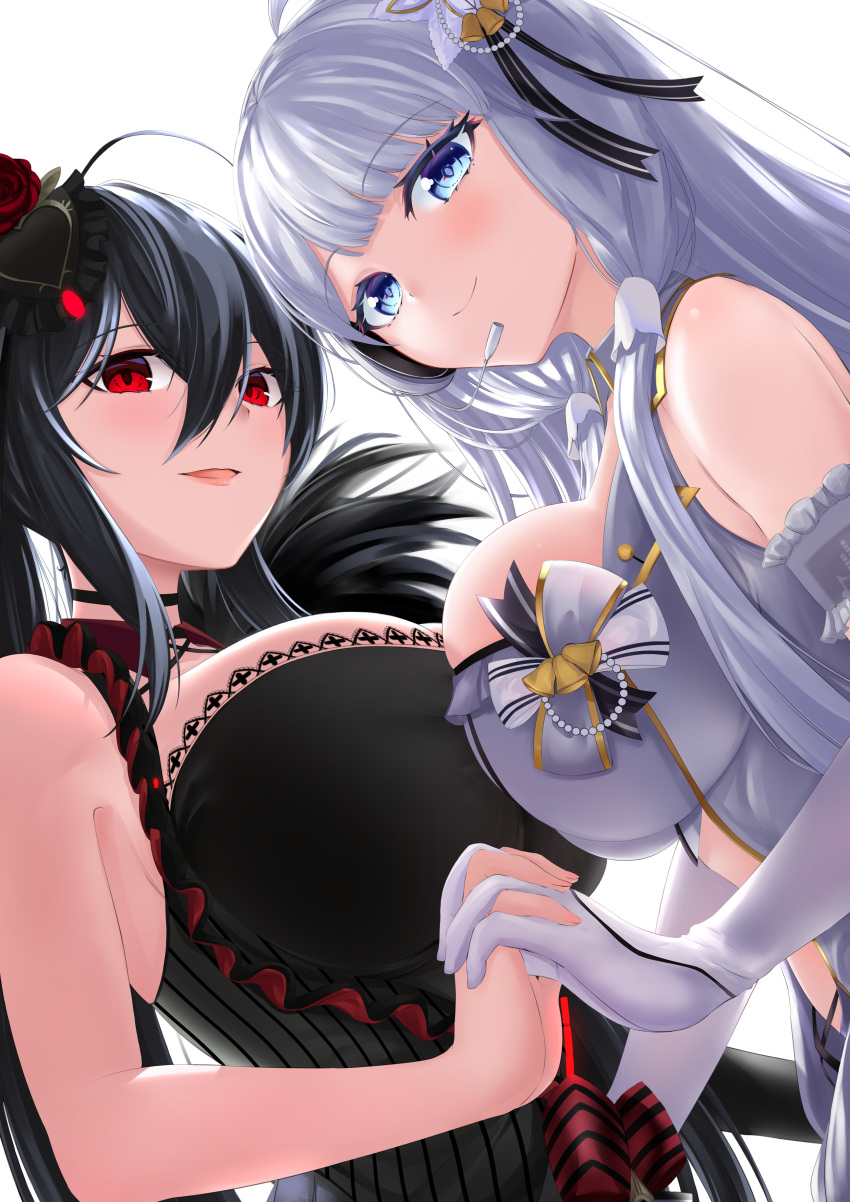 2girls absurdres azur_lane bare_shoulders black_hair blue_eyes breast_press breasts dress elbow_gloves eyebrows_visible_through_hair from_below from_side gloves hair_between_eyes hair_ornament headphones herohero_illust highres illustrious_(azur_lane) illustrious_(muse)_(azur_lane) long_hair looking_at_viewer looking_down multiple_girls red_eyes sleeveless sleeveless_dress symmetrical_docking taihou_(azur_lane) taihou_(muse)_(azur_lane) white_background white_gloves white_hair