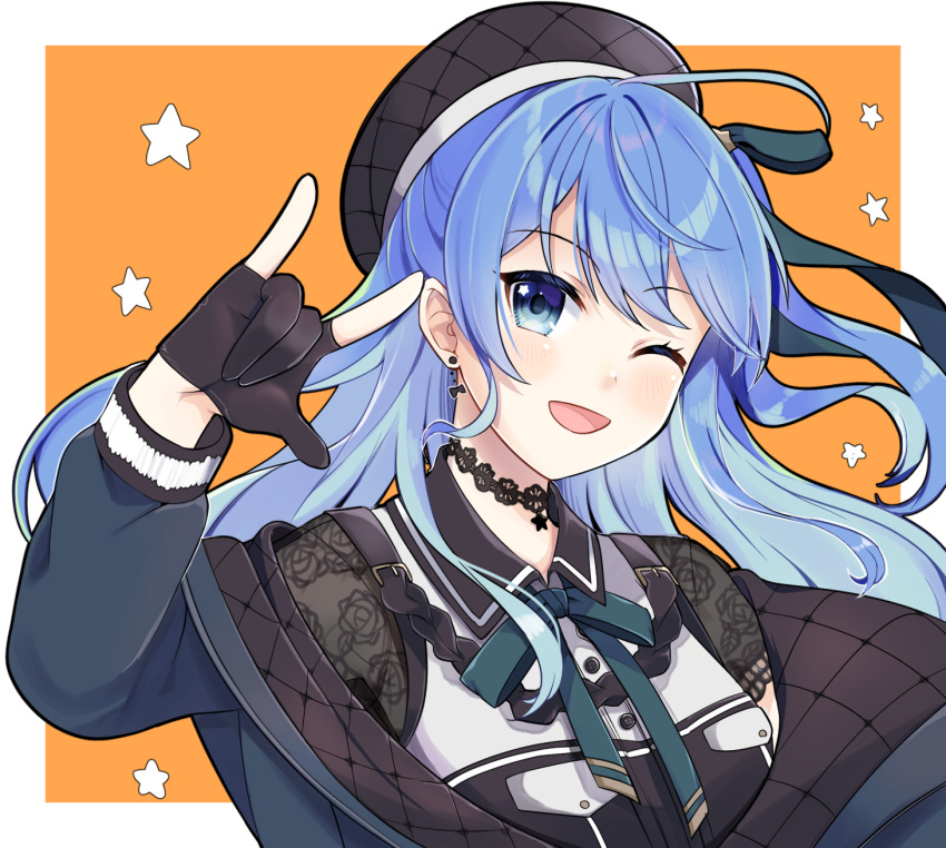 1girl \n/ ahoge bangs beret black_shirt blue_hair blue_jacket blue_neckwear blue_ribbon blush border breasts choker collared_shirt commentary_request earrings eyebrows_visible_through_hair eyelashes gloves hand_gesture hand_up hat head_tilt highres hololive hoshimachi_suisei jacket jewelry lace lace_choker lace_sleeves long_sleeves off_shoulder official_alternate_costume one_eye_closed open_mouth orange_background partially_fingerless_gloves plaid_headwear ribbon shadow shinomiya_shino_(sinosino141) shiny shiny_hair shirt sidelocks smile solo star_(symbol) star_in_eye swept_bangs symbol_in_eye upper_body virtual_youtuber white_border white_shirt