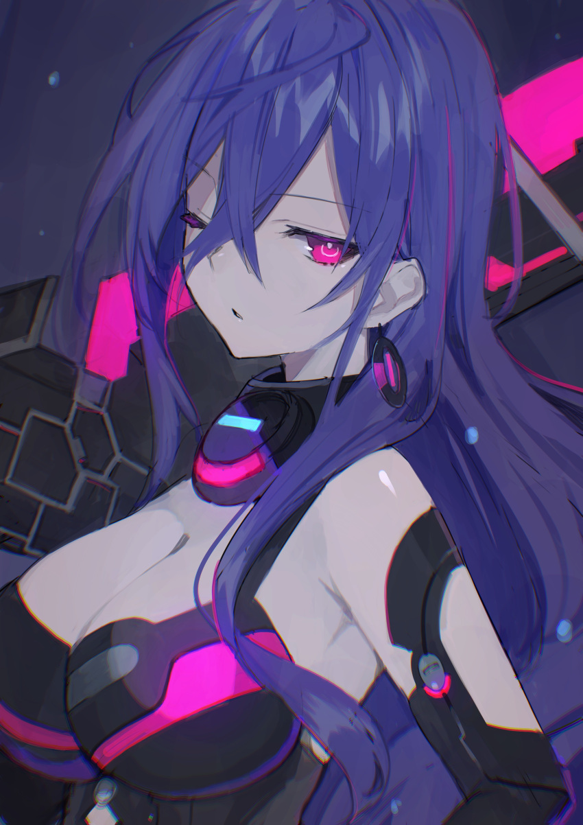 1girl absurdres blue_hair blush breasts buran_buta earrings expressionless hair_over_one_eye highres iris_heart jewelry kami_jigen_game_neptune_v large_breasts long_hair looking_at_viewer neptune_(series) one_eye_closed pink_eyes power_symbol solo symbol-shaped_pupils upper_body very_long_hair