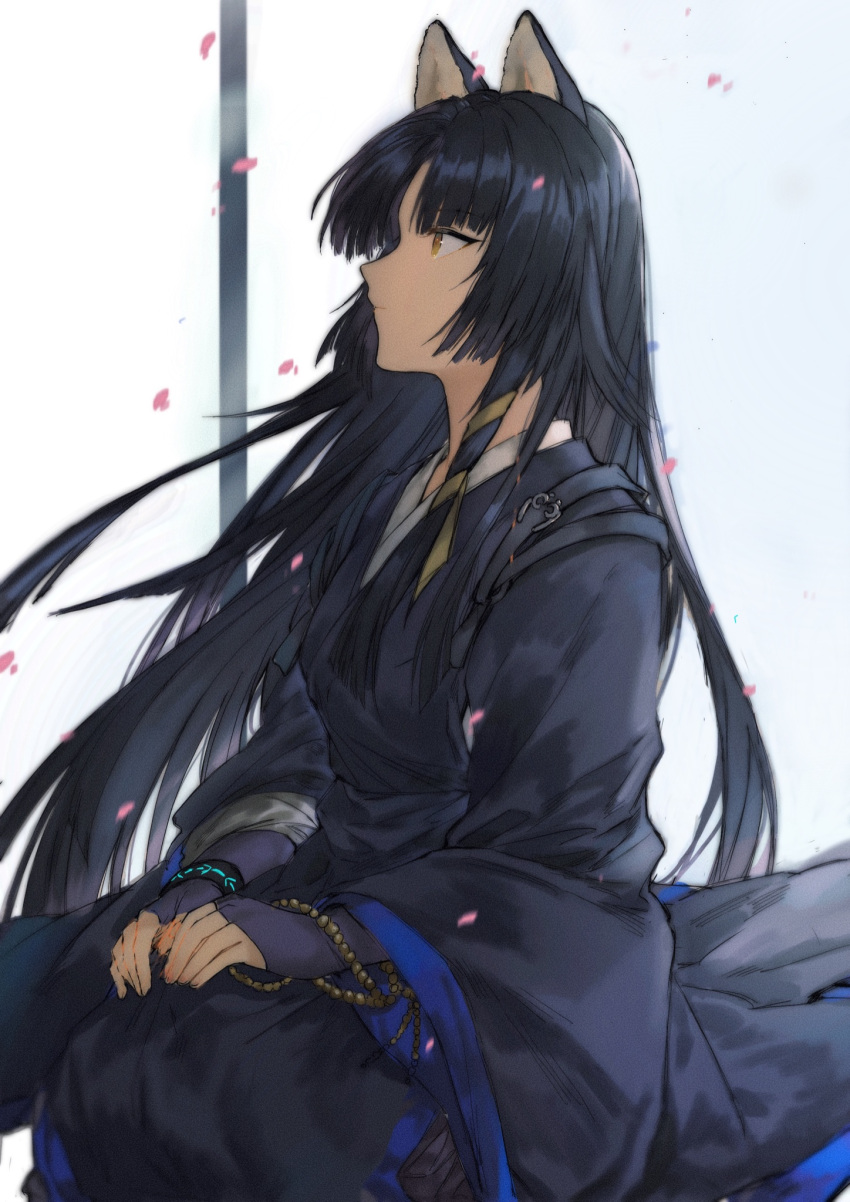 1girl animal_ears arknights black_hair black_kimono brown_eyes commentary dog_ears fingerless_gloves gloves hands_on_own_knees highres infection_monitor_(arknights) japanese_clothes kimono long_hair looking_up petals purple_gloves saga_(arknights) sitting solo symbol_commentary very_long_hair white_background wristband yorukun