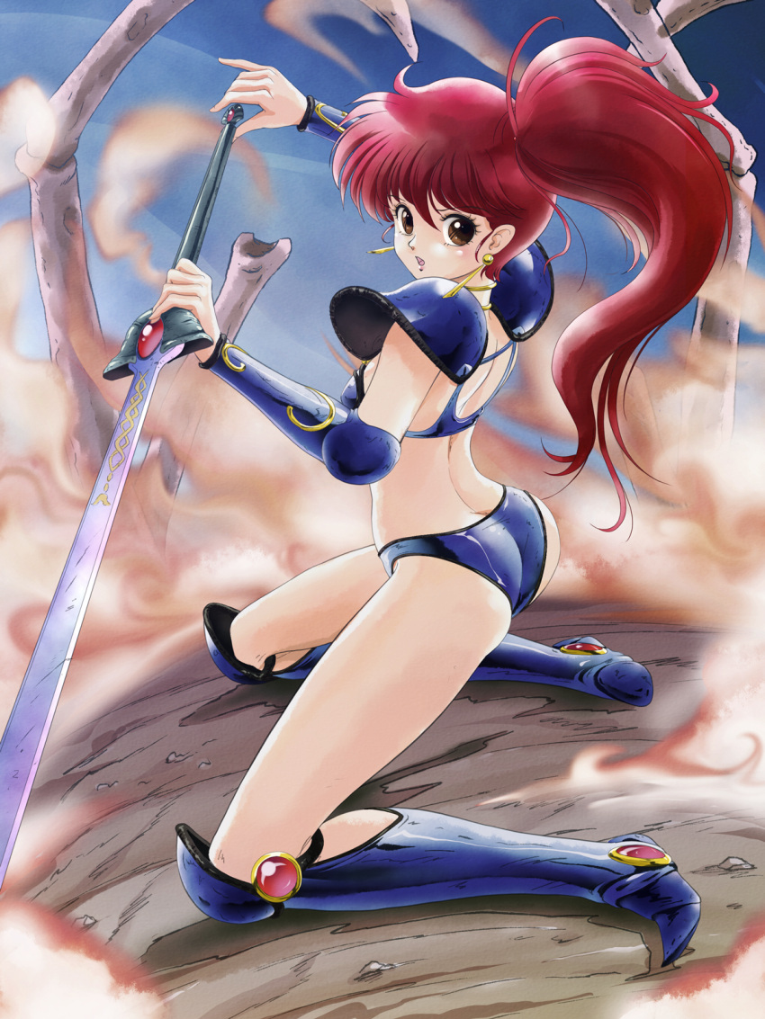 1girl armor asagiri_youko ass bikini_armor boots brown_eyes chestnut_mouth commentary_request gauntlets genmu_senki_leda highres holding holding_sword holding_weapon knee_boots kneeling legs long_hair long_legs partial_commentary pauldrons redhead shoulder_armor side_ponytail sword tamanegiinyo thighs weapon