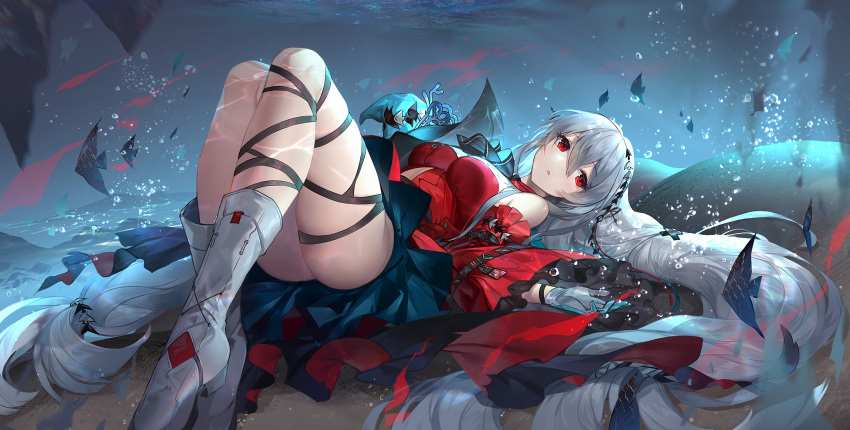 1girl arknights ascot black_neckwear black_ribbon boots breasts commentary_request dress full_body gloves highres knees_up kyurin_(sunnydelight) leg_ribbon legs long_hair long_sleeves looking_at_viewer lying medium_breasts on_back red_dress ribbon silver_hair skadi_(arknights) skadi_the_corrupting_heart_(arknights) solo twintails very_long_hair white_footwear wide_sleeves