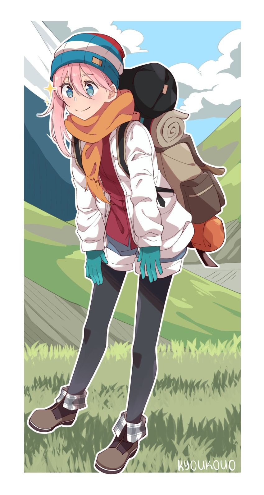 1girl absurdres arms_at_sides asymmetrical_hair backpack bag bangs black_legwear blue_eyes blue_gloves boots border closed_mouth clouds commentary_request denim denim_shorts eyebrows_visible_through_hair eyes_visible_through_hair gloves grass hair_between_eyes highres jacket kagamihara_nadeshiko kyoukouo long_hair long_sleeves mountain multicolored multicolored_clothes orange_scarf pantyhose pink_hair red_shirt scarf shirt shorts signature sky sleeping_bag smile solo standing star_(symbol) striped translucent_hair white_jacket woollen_cap yurucamp