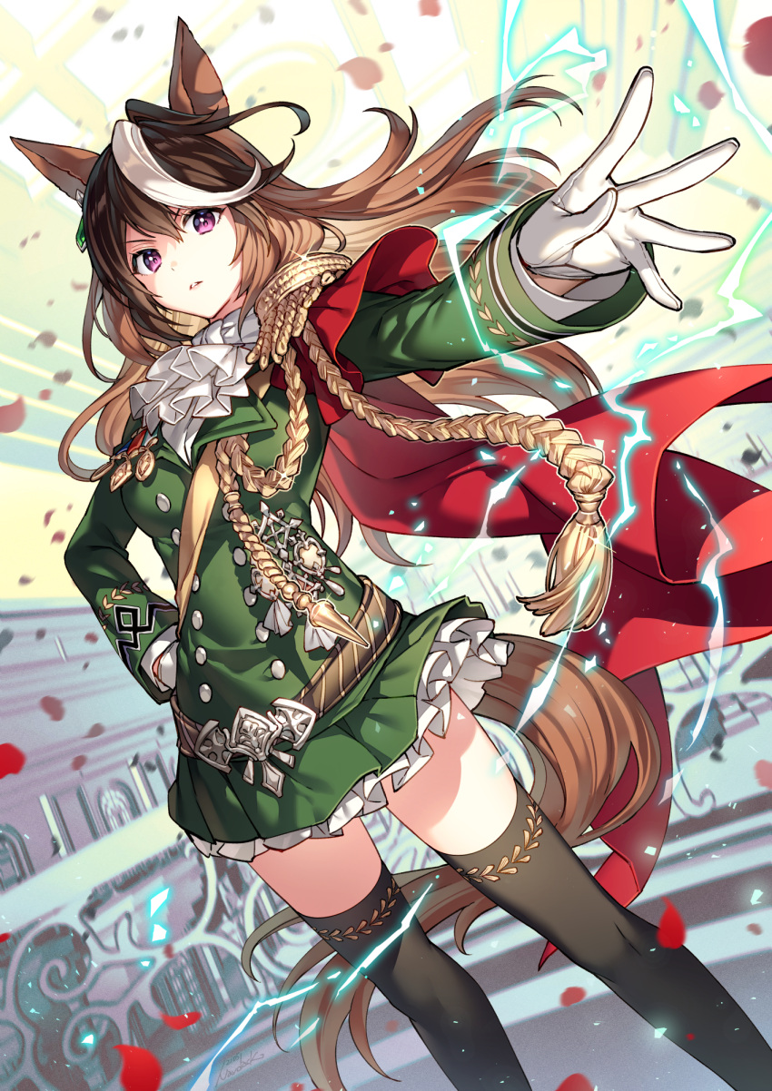 1girl animal_ears bangs black_hair breasts brown_hair commentary_request epaulettes eyebrows_visible_through_hair gloves green_jacket green_skirt hair_between_eyes hand_on_hip highres horse_ears horse_girl horse_tail jacket long_hair long_sleeves looking_at_viewer medium_breasts multicolored_hair nardack outstretched_arm parted_lips pleated_skirt single_epaulette skirt solo streaked_hair symboli_rudolf_(umamusume) tail umamusume v-shaped_eyebrows violet_eyes white_gloves