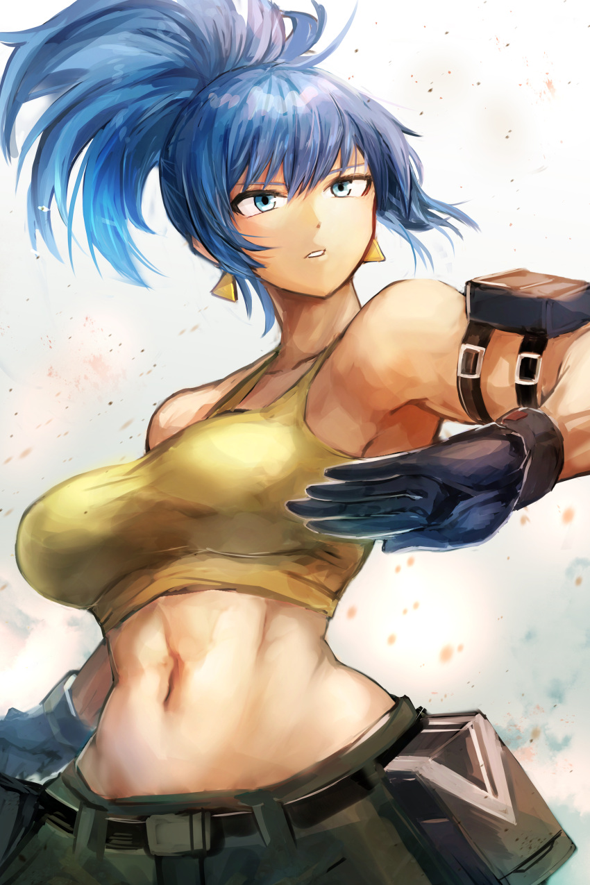 1girl absurdres arm_pouch belt_pouch black_gloves blue_eyes blue_hair breasts earrings gloves hatano_kiyoshi high_ponytail highres jewelry large_breasts leona_heidern long_hair midriff navel pouch solo tank_top the_king_of_fighters triangle_earrings upper_body yellow_tank_top