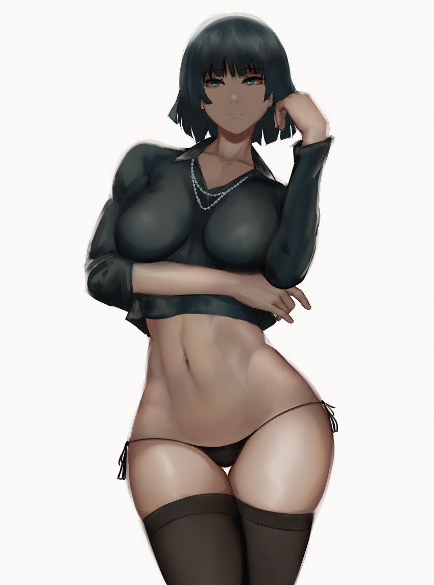 1girl absurdres arm_under_breasts black_legwear black_panties breasts cowboy_shot cropped_legs expressionless fubuki_(one-punch_man) green_eyes green_shirt highres jewelry large_breasts long_sleeves looking_at_viewer necklace one-punch_man panties shirt short_hair simple_background sleeves_rolled_up thigh-highs thighs underwear white_background zaki_(zaki_btw)
