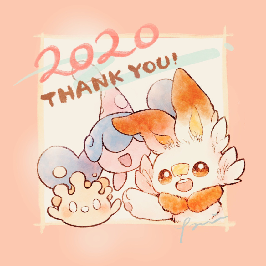 0_0 2020 :d blush brown_eyes commentary_request creature gen_8_pokemon happy hatenna highres looking_at_viewer milcery no_humans open_mouth pokemon pokemon_(creature) scorbunny smile starter_pokemon thank_you tongue zzzpani