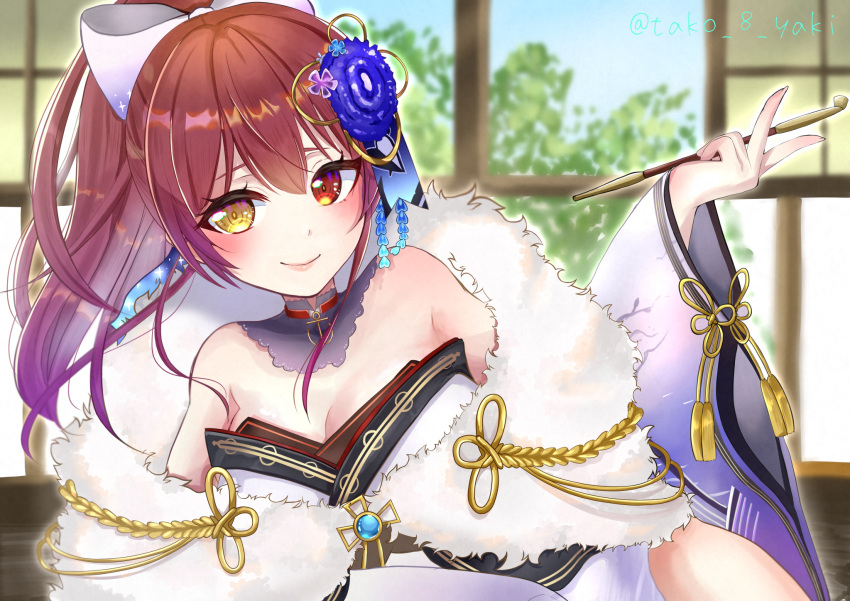 1girl bangs bare_shoulders blush bow breasts closed_mouth detached_collar flower fur-trimmed_kimono fur_trim hair_between_eyes hair_bow hair_flower hair_ornament heterochromia high_ponytail highres hololive houshou_marine japanese_clothes kanzashi kimono kiseru large_breasts long_hair looking_at_viewer lying off-shoulder_kimono on_side pipe red_eyes redhead smile solo tako_8_yaki twitter_username virtual_youtuber white_kimono yellow_eyes