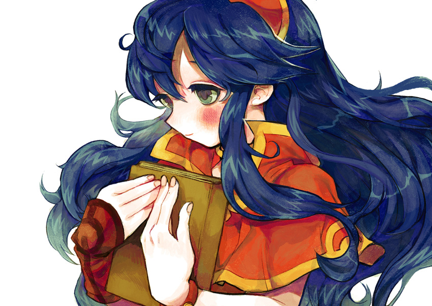 1girl bangs blush book bracelet capelet commentary_request dark_blue_hair fire_emblem fire_emblem:_the_binding_blade floating_hair gauntlets gold_trim green_eyes hair_between_eyes hands hands_up highres holding holding_book jewelry light_smile lilina_(fire_emblem) long_hair looking_down red_capelet red_headwear sakusankarmin simple_background sleeveless solo upper_body white_background