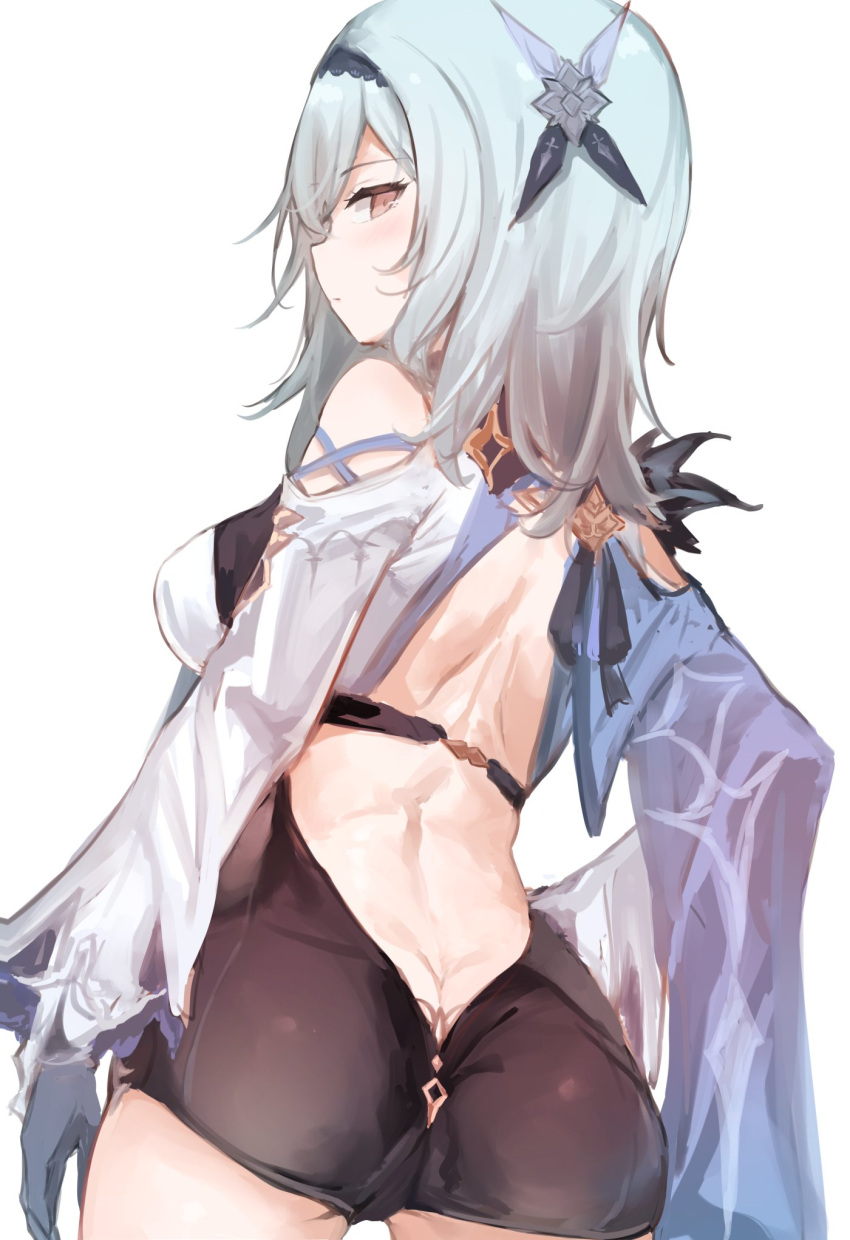 1girl 7gao ass back backless_outfit bare_back blue_hair blush breasts butt_crack cape eula_(genshin_impact) from_behind genshin_impact gloves hairband half-closed_eyes highres long_sleeves looking_at_viewer looking_back medium_hair solo