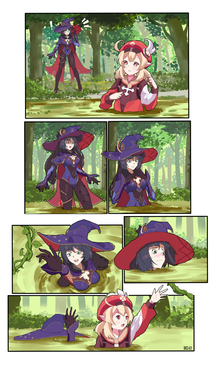 absurdres backpack bag bangs blush dress forest from_above genshin_impact gloves green_eyes hair_between_eyes hat_ornament highres klee_(genshin_impact) legs long_hair long_sleeves mona_megistus nature outstretched_arm purple_dress purple_hair purple_headwear quicksand red_dress red_eyes red_headwear sinking stuck submerged sweat tree wcf40