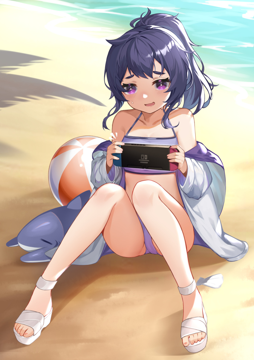 1girl absurdres ball bangs beach beachball blue_hair character_request chinese_commentary commentary_request highres long_hair mo_ying_yu nintendo_switch ponytail sitting solo violet_eyes