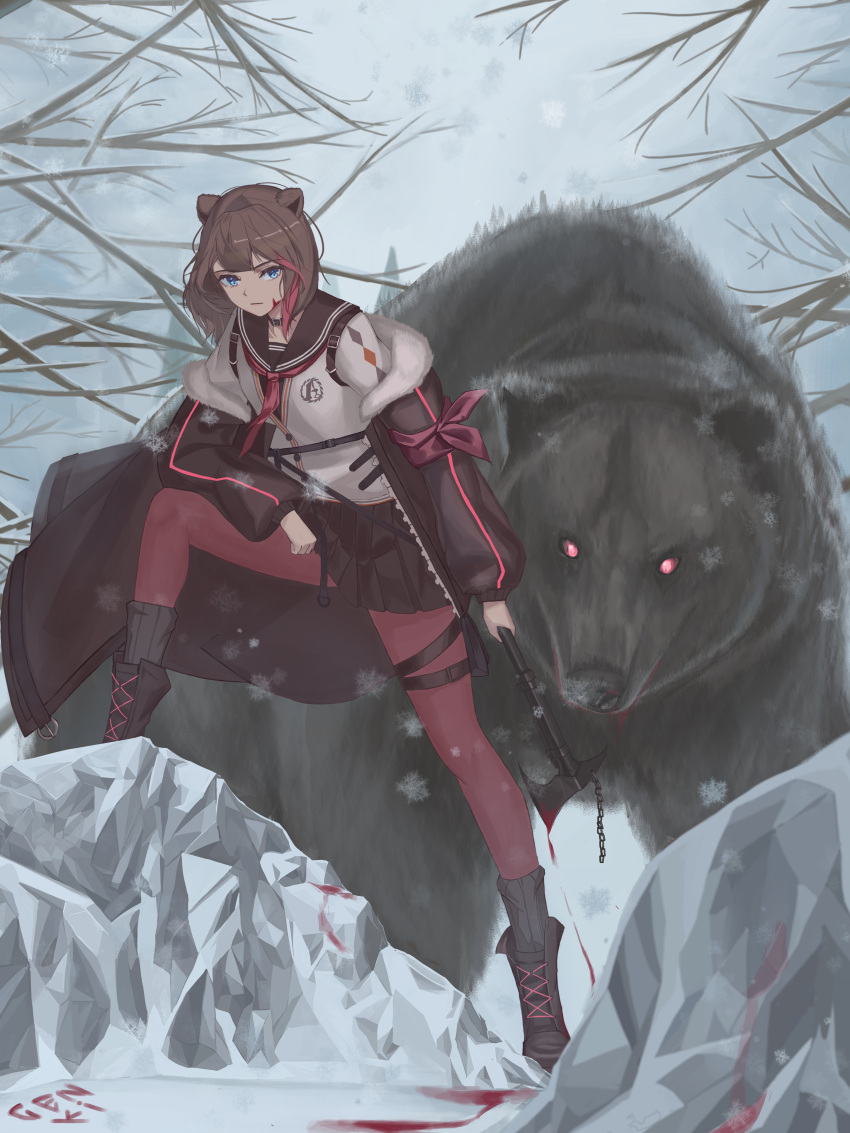 1girl absurdres animal animal_ears arknights asymmetrical_legwear axe bangs bear bear_ears black_coat black_footwear black_legwear black_sailor_collar black_skirt blood blue_eyes boots bow brown_hair buckle clouds cloudy_sky coat eyebrows_visible_through_hair full_body fur_trim highres holding holding_axe holding_weapon huge_filesize ice jacket long_hair long_sleeves looking_at_viewer multicolored multicolored_clothes neckerchief obsession pantyhose pleated_skirt red_bow red_eyes red_legwear red_neckwear rock sailor_collar signature skirt sky snow snowflakes socks_over_pantyhose standing strap tree_branch weapon white_jacket winter winter_clothes zima_(arknights)
