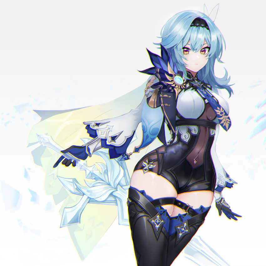 1girl blue_hair blue_neckwear bodystocking breasts cape center_opening covered_navel dano eula_(genshin_impact) genshin_impact gloves hairband half-closed_eyes highres holding holding_sword holding_weapon long_sleeves medium_breasts necktie skindentation solo sword thick_thighs thigh-highs thigh_strap thighs vambraces weapon wide_hips