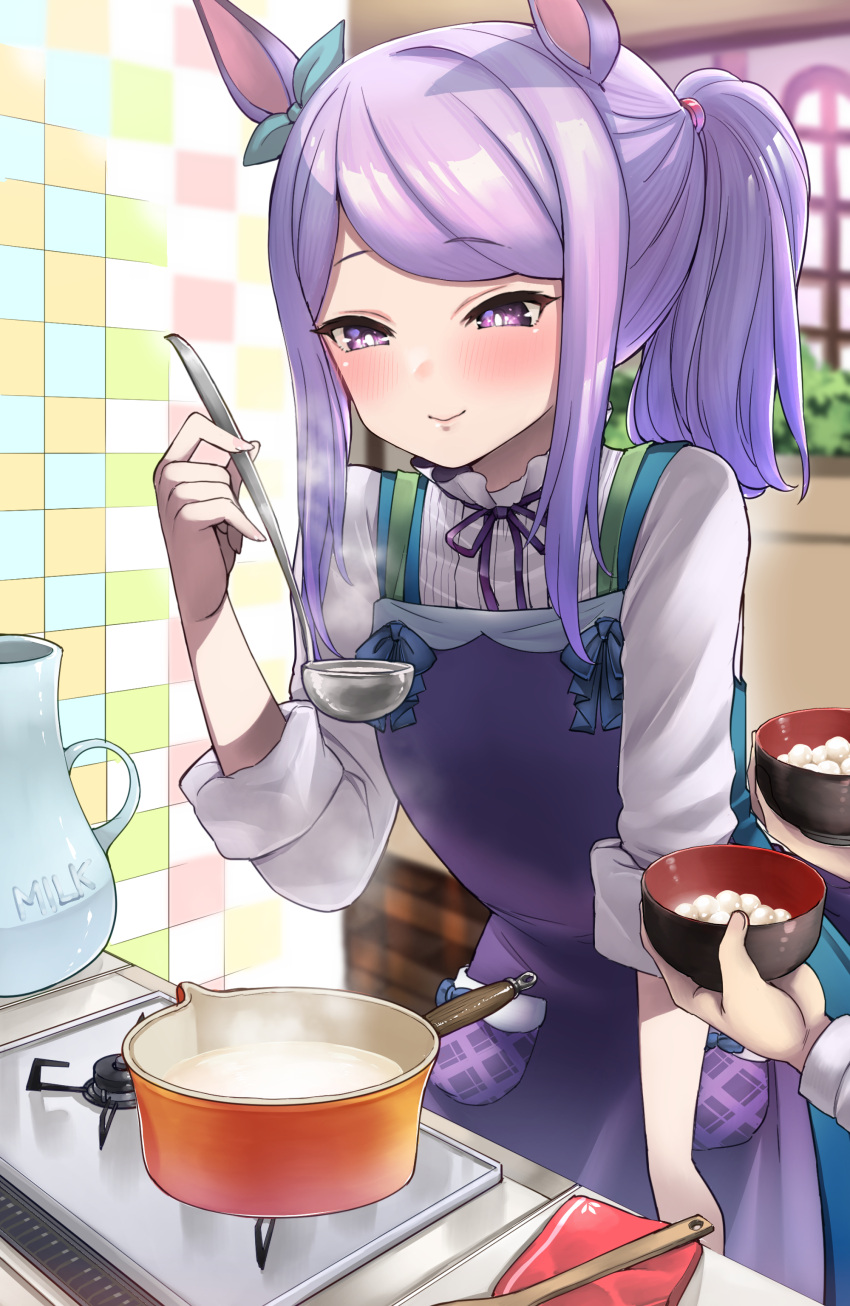 1girl absurdres alternate_hairstyle animal_ears blue_ribbon blurry blurry_background blush bowl closed_mouth commentary_request cooking depth_of_field ear_ribbon food hand_up highres holding holding_bowl horse_ears indoors ladle long_sleeves mejiro_mcqueen_(umamusume) nanahone neck_ribbon out_of_frame ponytail purple_apron purple_hair purple_ribbon ribbon shirt smile solo_focus stove tile_wall tiles umamusume violet_eyes white_shirt wooden_spoon