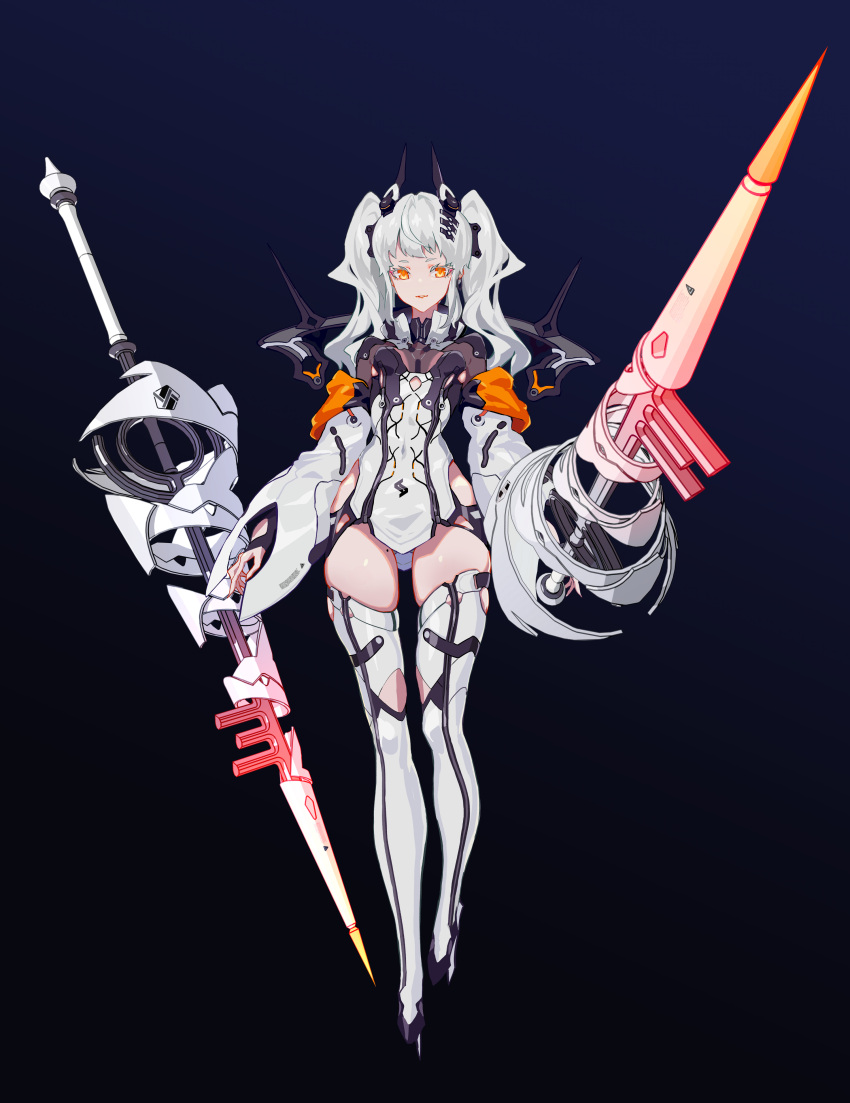 1girl absurdres breasts cancell dual_wielding full_body gradient gradient_background headgear highres holding holding_lance holding_polearm holding_weapon lance leotard long_hair looking_at_viewer orange_eyes original polearm science_fiction small_breasts solo thigh-highs twintails weapon white_hair white_legwear wide_sleeves