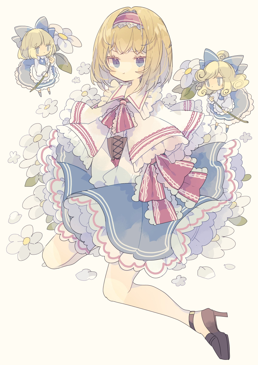3girls absurdres alice_margatroid apron bangs black_footwear blonde_hair blue_bow blue_dress blue_eyes blue_footwear bow capelet closed_mouth dress flower full_body hair_bow hairband high_heels highres holding holding_flower lolita_hairband long_sleeves looking_at_another looking_at_viewer multiple_girls nikorashi-ka red_hairband shanghai_doll short_hair simple_background touhou v_arms white_apron white_background white_capelet white_flower