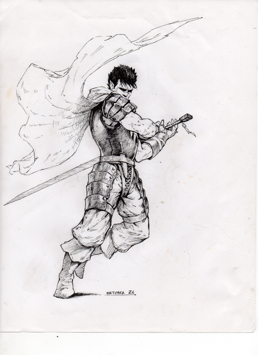 1boy absurdres armor attack berserk boots breastplate cape commentary dragonslayer_(sword) english_commentary faulds fingerless_gloves floating_cape gloves greyscale guts_(berserk) highres holding holding_sword holding_weapon ink_(medium) inktober long_sword male_focus manuel_castanon monochrome pants pauldrons pointy_ears scan short_hair shoulder_armor simple_background solo standing standing_on_one_leg sword thigh_strap traditional_media weapon white_background