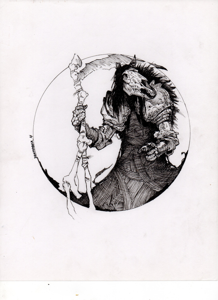 1other absurdres animal_skull armor commentary english_commentary gauntlets greyscale highres holding holding_weapon horror_(theme) ink_(medium) inktober manuel_castanon monochrome original pauldrons scan scythe shoulder_armor simple_background solo traditional_media weapon white_background