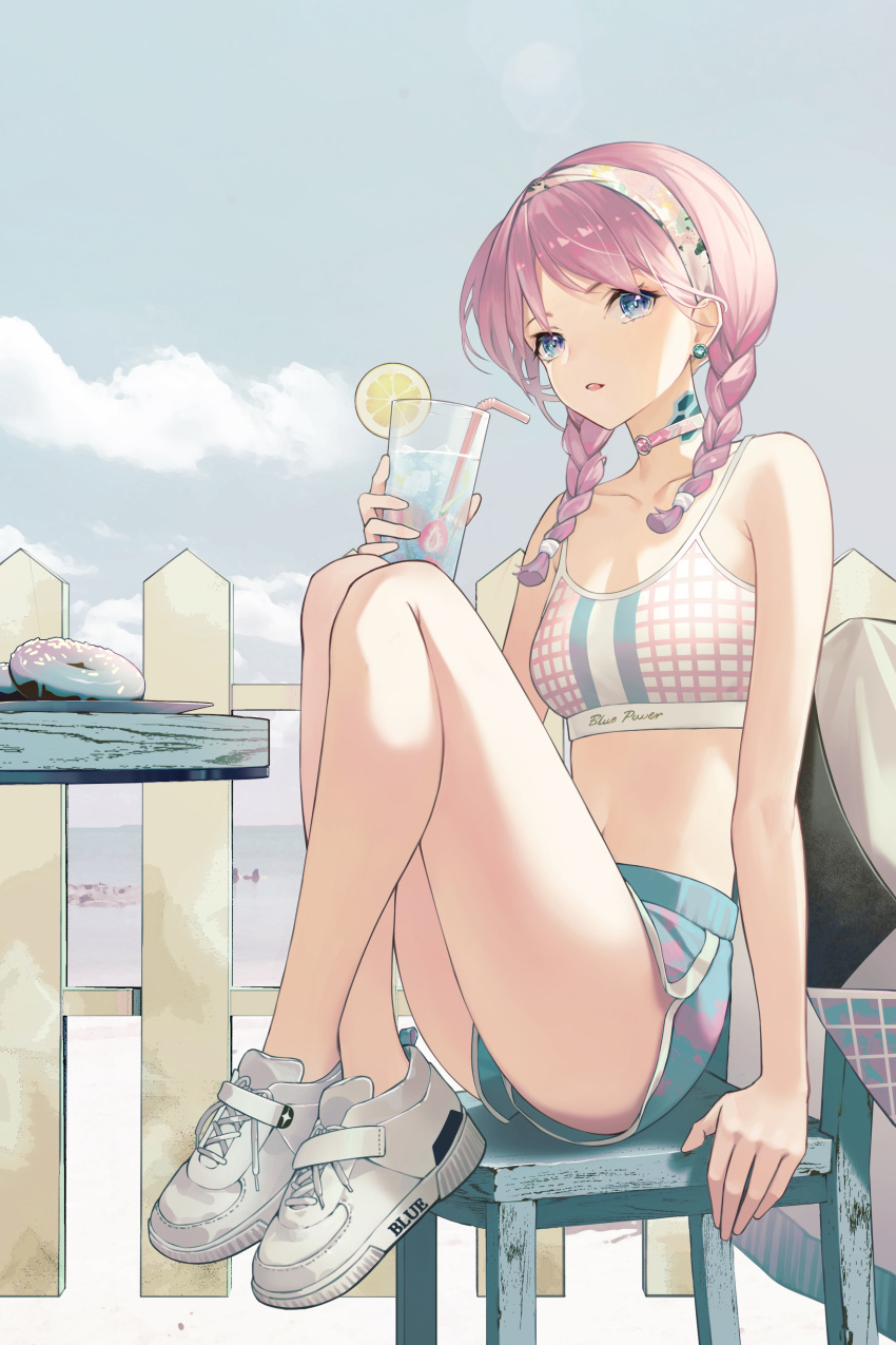 1girl absurdres arknights bare_arms bare_legs blue_eyes blue_poison_(arknights) blue_shorts braid chair choker clouds collarbone cup day dolphin_shorts doughnut drinking_straw ear_piercing fence food fruit headband highres holding holding_cup horizon ice ice_cube jacket jacket_removed lemon lemon_slice navel ocean open_mouth outdoors picket_fence piercing plate purple_choker purple_hair shoes short_shorts shorts sitting sky sneakers solo sports_bra strawberry table thighs twin_braids white_footwear wooden_fence zhuang_yao