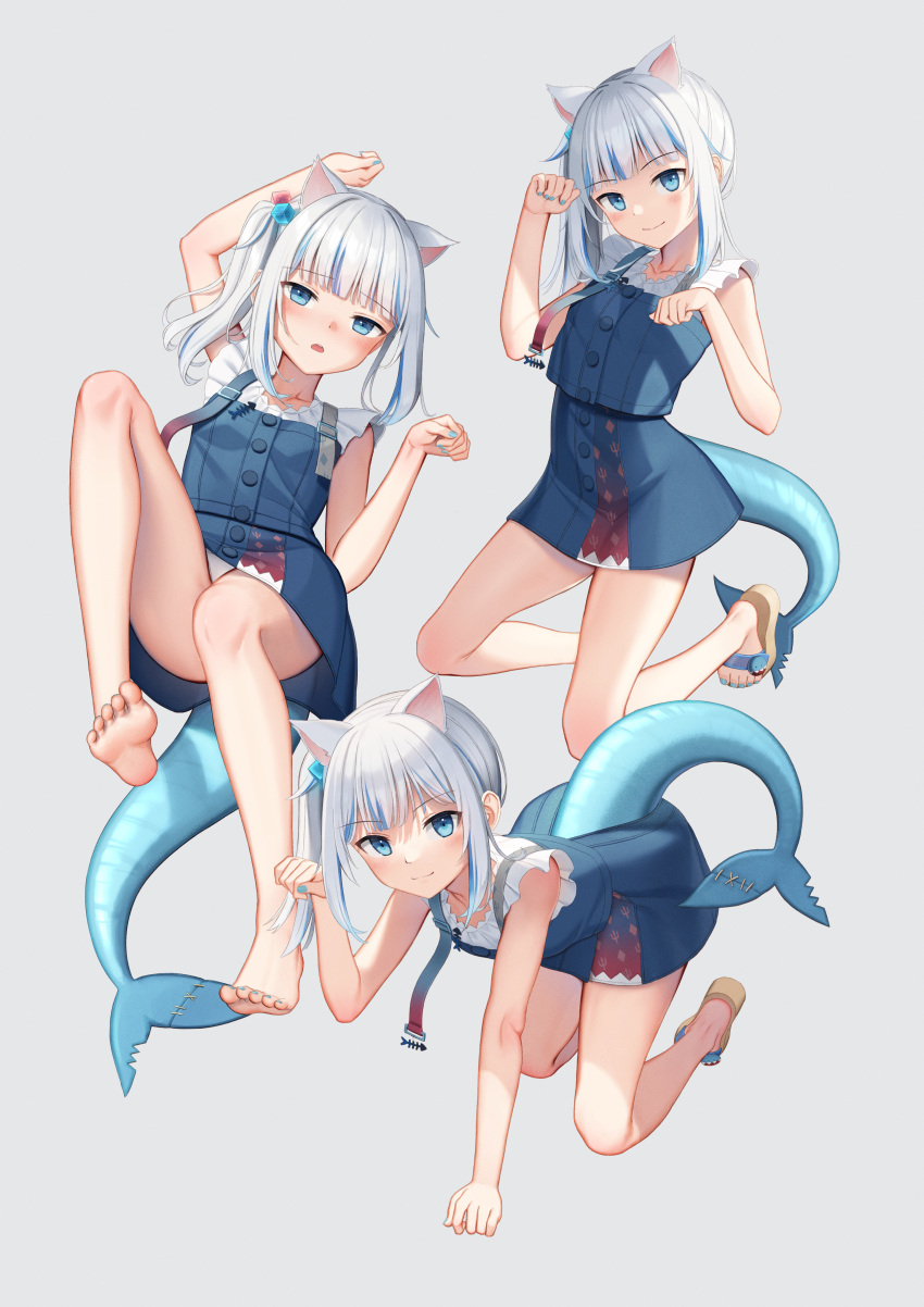 1girl absurdres all_fours animal_ears arm_up bangs bare_legs barefoot blue_dress blue_eyes blue_hair blue_nails blush brown_footwear cat_ears commentary_request dress eyebrows_visible_through_hair feet fish_tail full_body gawr_gura grey_background hand_up highres hololive hololive_english huge_filesize kemonomimi_mode kep_(ahokep) kneehighs leg_up long_hair looking_at_viewer multicolored_hair multiple_views nail_polish panties pantyshot paw_pose sandals shark_tail side_ponytail smile soles streaked_hair tail toenail_polish toes underwear virtual_youtuber white_hair white_panties