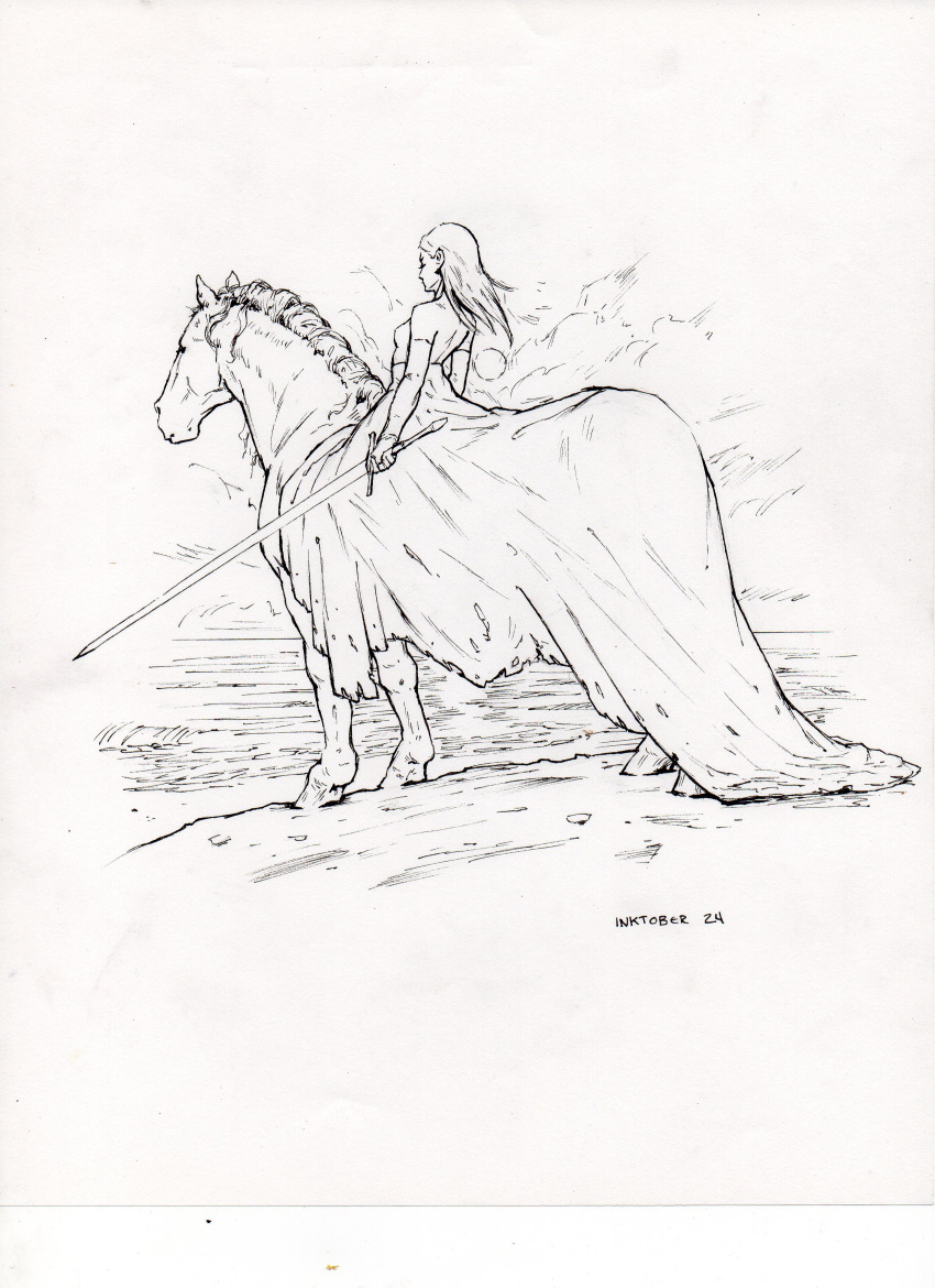 1girl absurdres commentary dress elbow_gloves english_commentary floating_hair from_behind gloves greyscale highres holding holding_sword holding_weapon horse horseback_riding ink_(medium) inktober long_dress long_hair long_sword manuel_castanon monochrome original riding scan simple_background sitting strapless strapless_dress sword traditional_media weapon white_background
