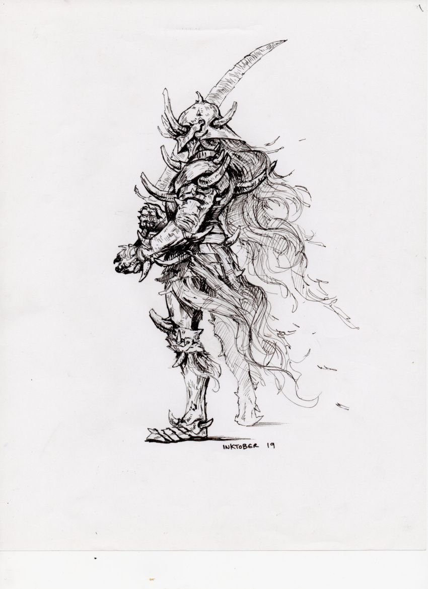 absurdres armor boots commentary english_commentary floating_hair from_side full_armor gauntlets greyscale highres holding holding_sword holding_weapon horns ink_(medium) inktober long_hair manuel_castanon metal_boots monochrome monster original pauldrons scan shoulder_armor shoulder_spikes simple_background solo spikes standing sword traditional_media two-handed very_long_hair weapon white_background