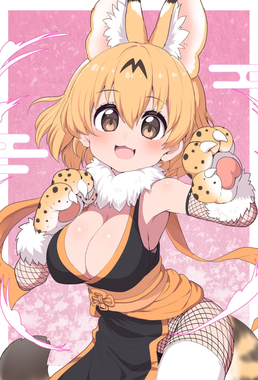 1girl :3 adapted_costume animal_ears blonde_hair blush clouds commentary_request extra_ears eyebrows_visible_through_hair fang fishnets fur_collar gloves highres kemono_friends ninja open_mouth paw_gloves paws ransusan serval_(kemono_friends) serval_ears serval_girl serval_print serval_tail short_hair solo tail thigh-highs white_fur white_legwear yellow_eyes zettai_ryouiki