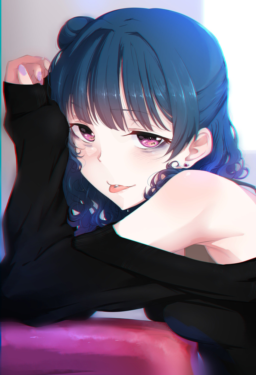 1girl :p absurdres armpits bangs black_shirt blue_hair blush breast_press chromatic_aberration clenched_hand clothing_cutout earrings eyeliner from_side half-closed_eyes half_updo highres jewelry leaning long_hair looking_at_viewer love_live! love_live!_sunshine!! makeup nail_polish nasuno_(nasuno42) piercing purple_nails shirt shoulder_cutout side_bun sleeves_past_wrists smile solo tongue tongue_out tongue_piercing tsushima_yoshiko upper_body violet_eyes wavy_hair